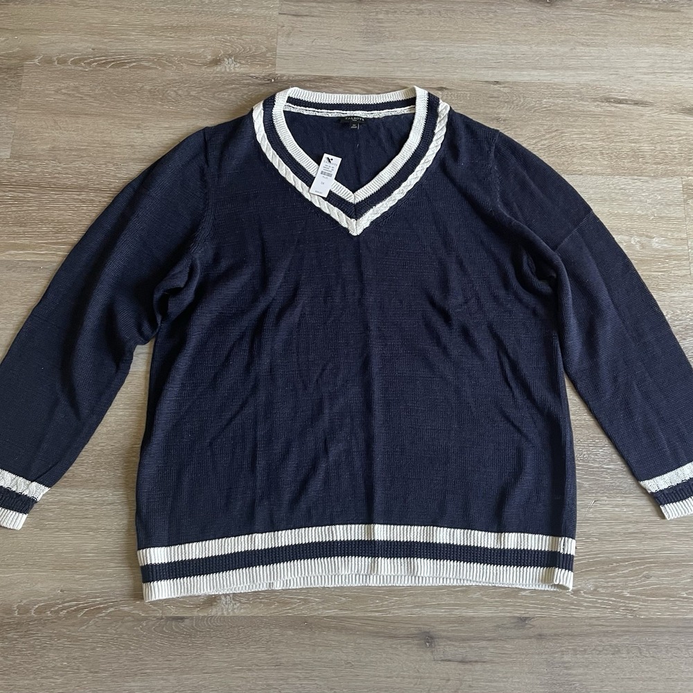 Talbots Linen V-Neck Sweater 1X Navy White Lightweight Summer Pullover NWT $99 - Picture 2 of 7